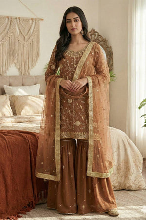 Brown Sequin with Embroidered Georgette Palazzo Suits