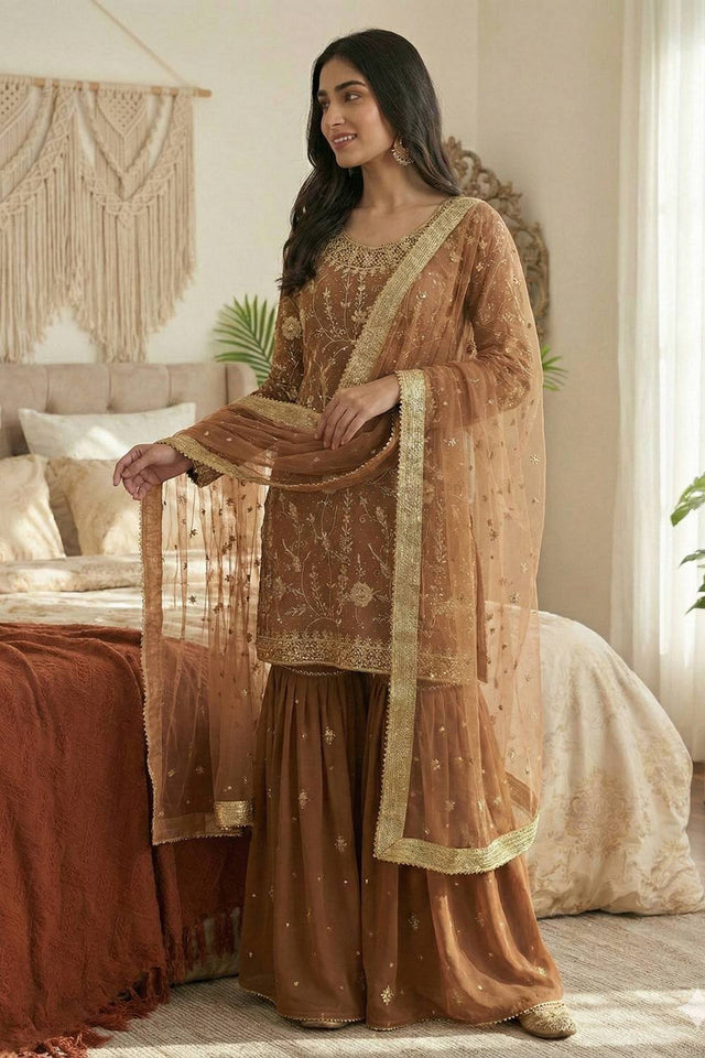Brown Sequin with Embroidered Georgette Palazzo Suits