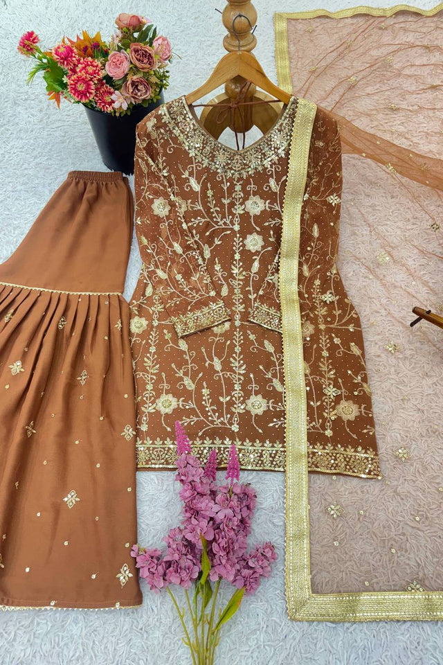 Brown Sequin with Embroidered Georgette Palazzo Suits