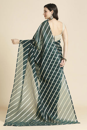 Dark Green Kota Leheriya Organza Saree With Shimmer Unstitch Blouse