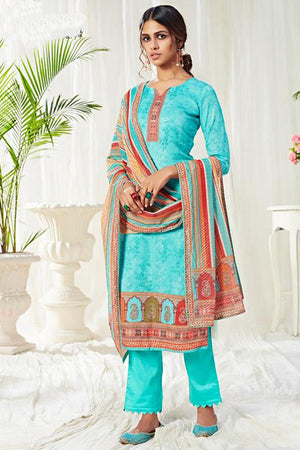 Blue Printed Cotton Kurti Pant Set