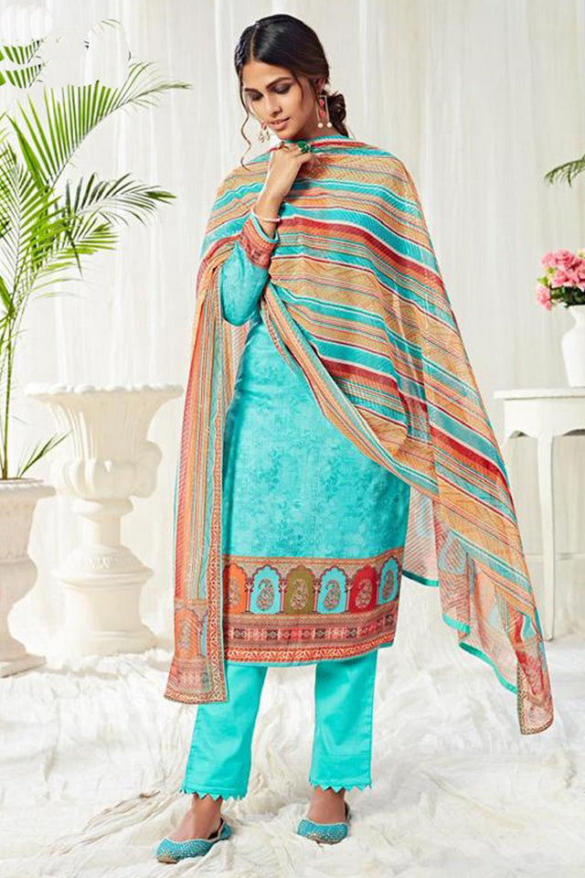 Blue Printed Cotton Kurti Pant Set