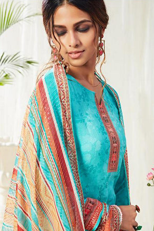 Blue Printed Cotton Kurti Pant Set