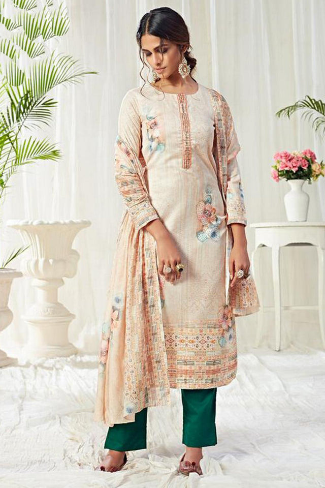 Off White Printed Cotton Kurti Pant Set