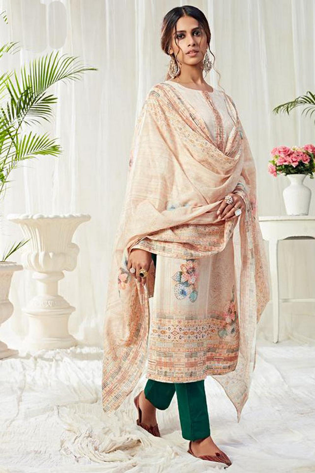 Off White Printed Cotton Kurti Pant Set