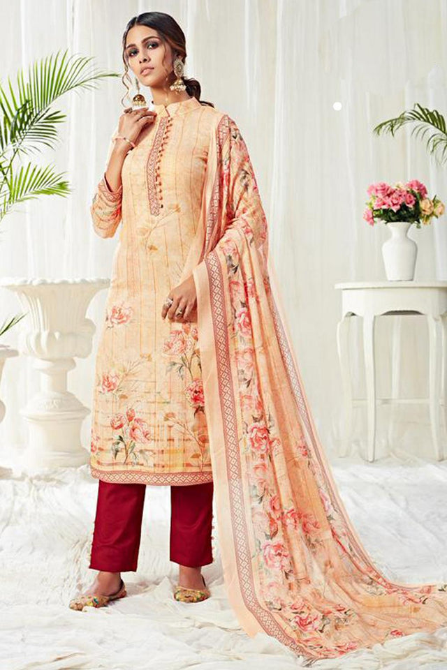 Cream Printed Cotton Kurti Pant Set