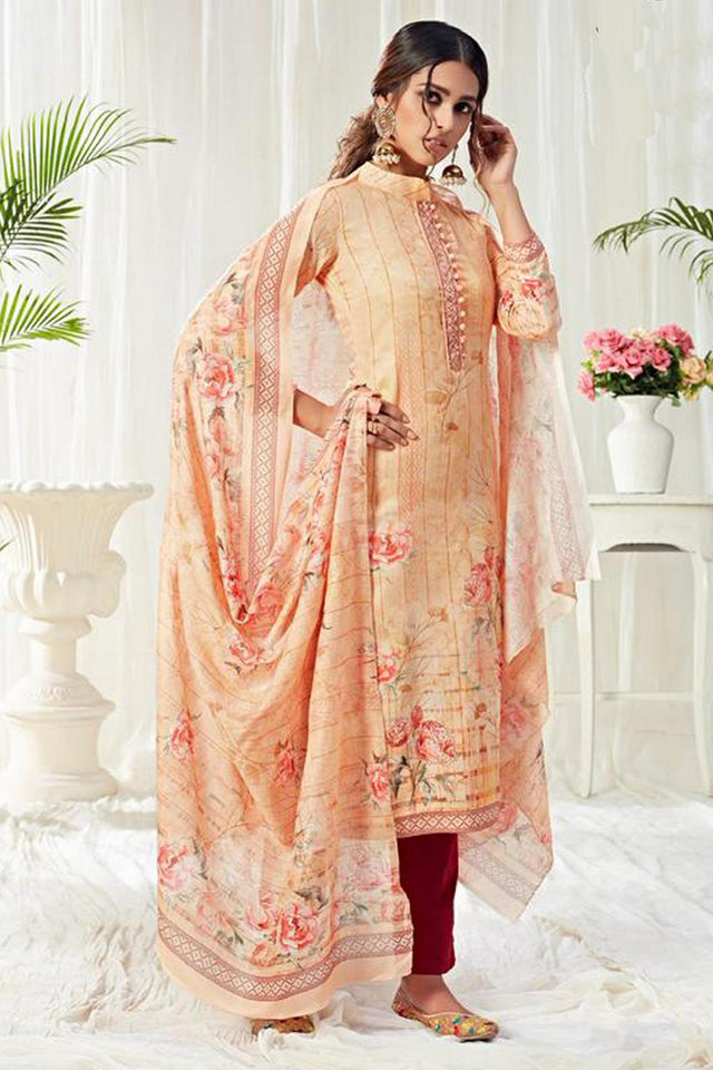 Cream Printed Cotton Kurti Pant Set