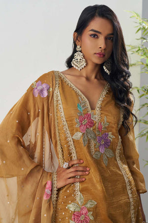 Mustard Floral Embroidered Organza Kurti Pant Set (alizeh ehsaas-8005)