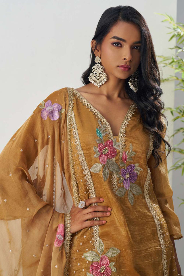 Mustard Floral Embroidered Organza Kurti Pant Set (alizeh ehsaas-8005)