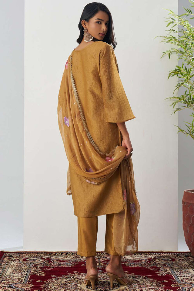 Mustard Floral Embroidered Organza Kurti Pant Set (alizeh ehsaas-8005)