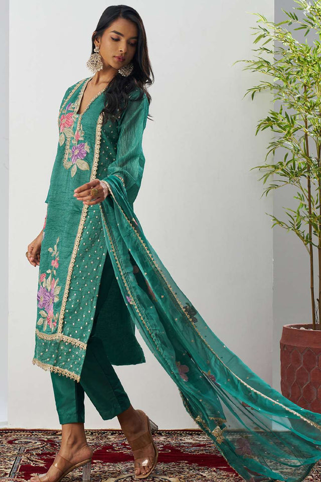 Green Floral Embroidered Organza Kurti Pant Set (alizeh ehsaas-8006)