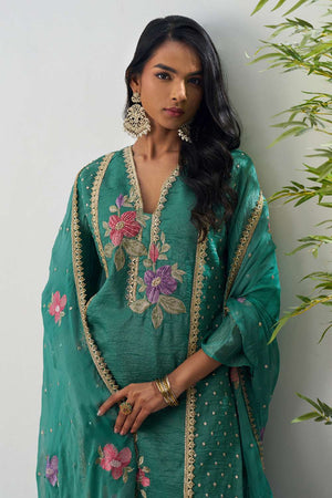 Green Floral Embroidered Organza Kurti Pant Set (alizeh ehsaas-8006)