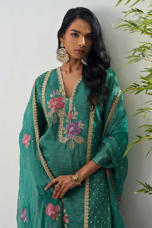 Green Floral Embroidered Organza Kurti Pant Set (alizeh ehsaas-8006)