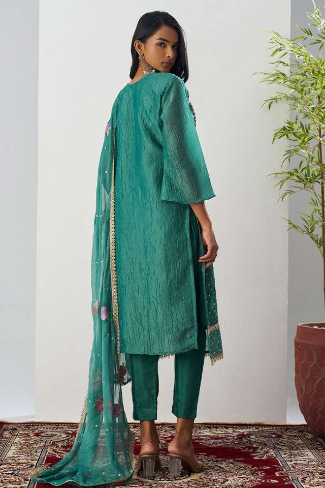 Green Floral Embroidered Organza Kurti Pant Set (alizeh ehsaas-8006)