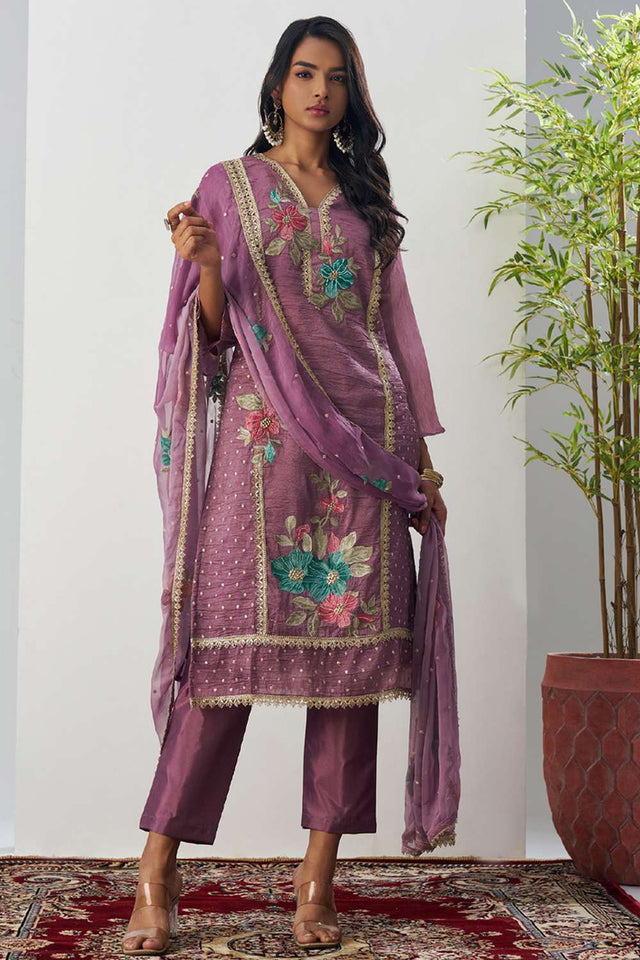 Pink Floral Embroidered Organza Kurti Pant Set (alizeh ehsaas-8007)