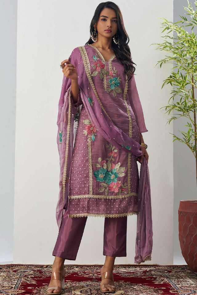 Pink Floral Embroidered Organza Kurti Pant Set (alizeh ehsaas-8007)
