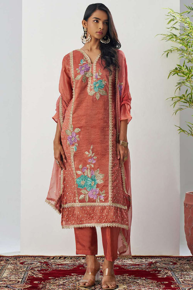 Orange Floral Embroidered Organza Kurti Pant Set (alizeh ehsaas-8008)