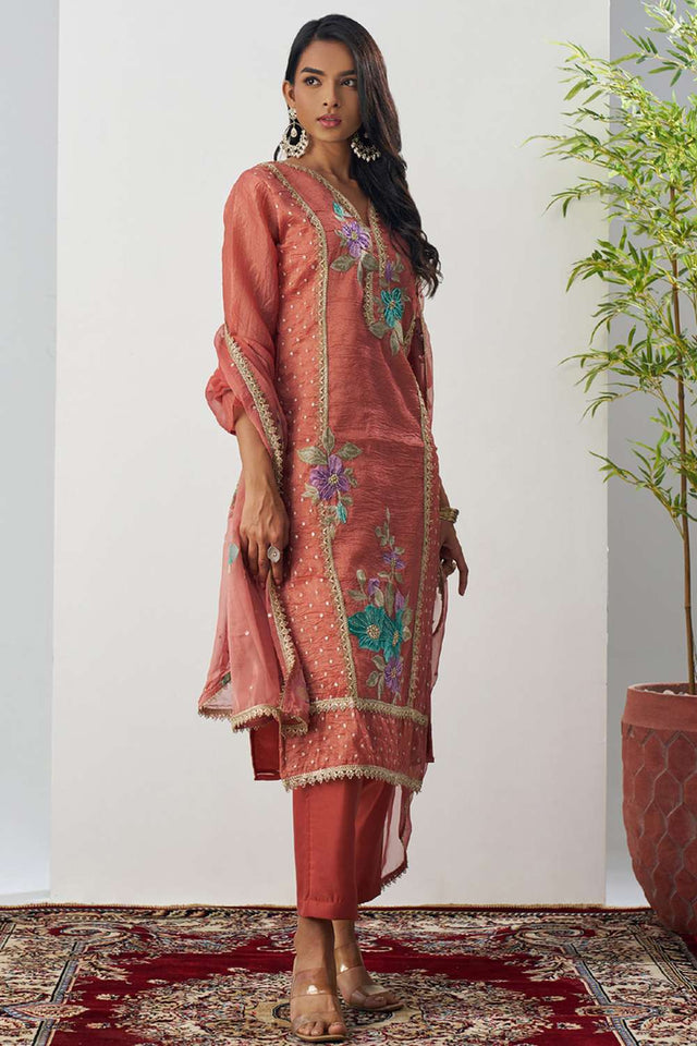 Orange Floral Embroidered Organza Kurti Pant Set (alizeh ehsaas-8008)