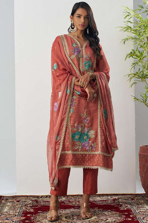 Orange Floral Embroidered Organza Kurti Pant Set (alizeh ehsaas-8008)