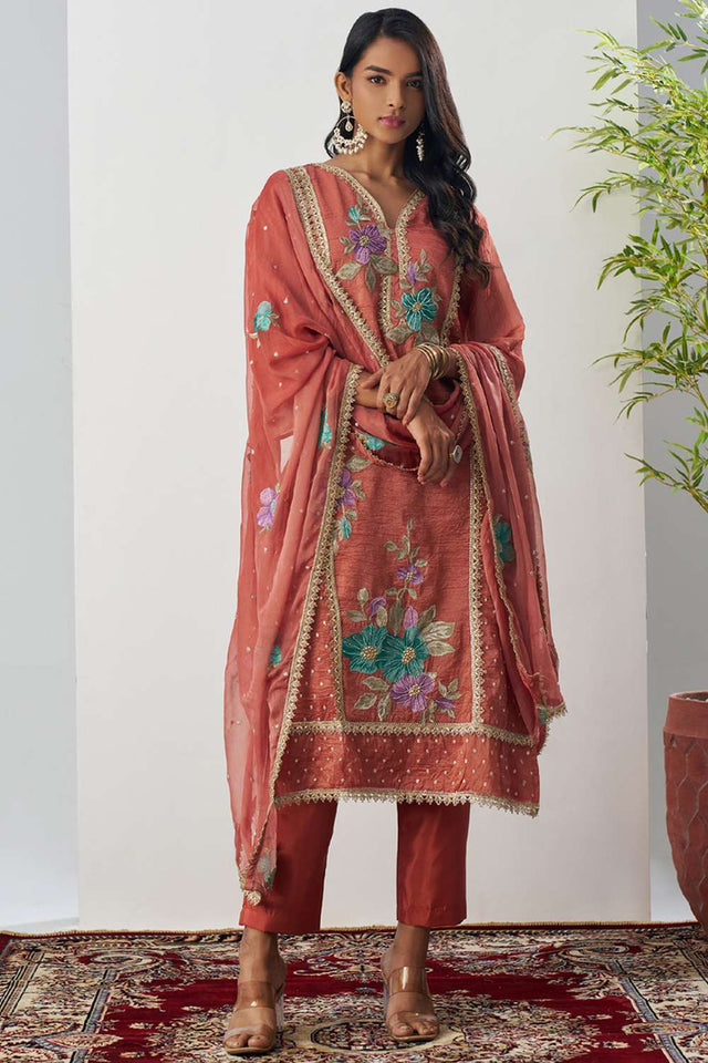 Orange Floral Embroidered Organza Kurti Pant Set (alizeh ehsaas-8008)