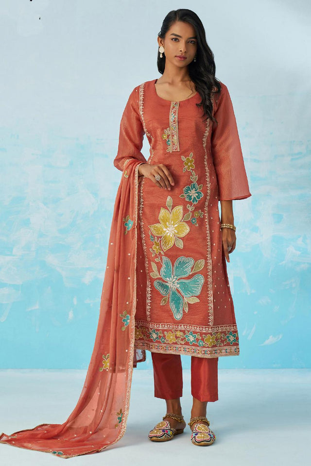 Red Floral Embroidered Organza Kurti Pant Set (alizeh ehsaas2-8019)