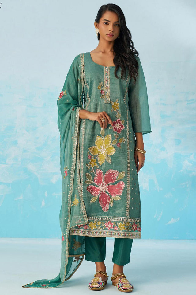 Turquoise Floral Embroidered Organza Kurti Pant Set (alizeh ehsaas2-8020)