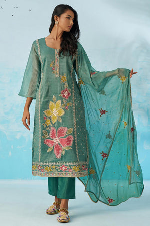 Turquoise Floral Embroidered Organza Kurti Pant Set (alizeh ehsaas2-8020)