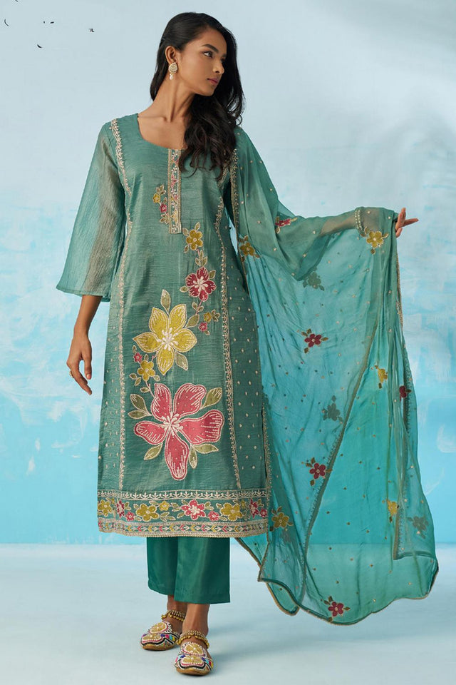 Turquoise Floral Embroidered Organza Kurti Pant Set (alizeh ehsaas2-8020)
