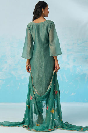 Turquoise Floral Embroidered Organza Kurti Pant Set (alizeh ehsaas2-8020)