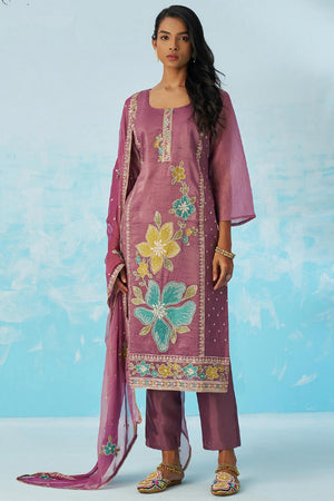 Lavender Floral Embroidered Organza Kurti Pant Set (alizeh ehsaas2-8021)
