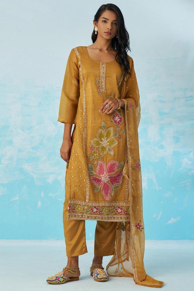 Mustard Floral Embroidered Organza Kurti Pant Set (alizeh ehsaas2-8022)