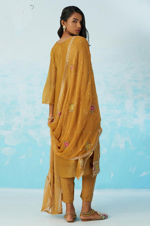 Mustard Floral Embroidered Organza Kurti Pant Set (alizeh ehsaas2-8022)