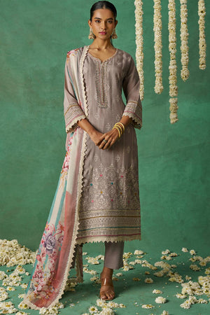 Beige Embroidered Organza Kurti Pant Set