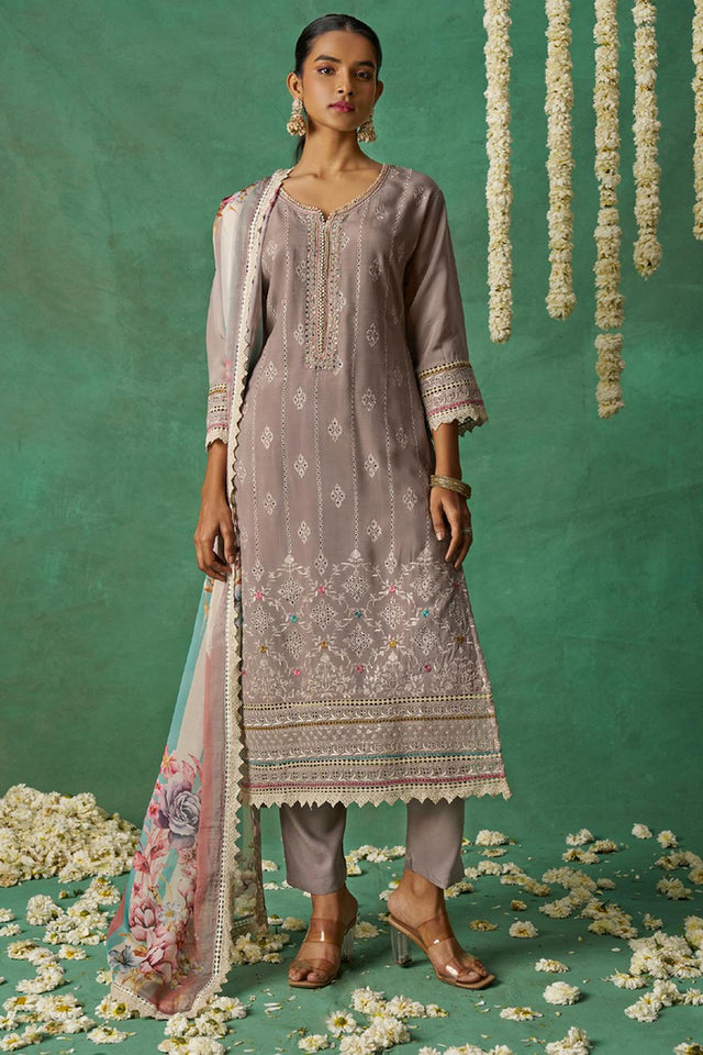 Beige Embroidered Organza Kurti Pant Set