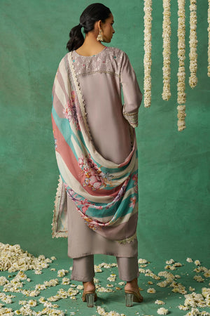 Beige Embroidered Organza Kurti Pant Set