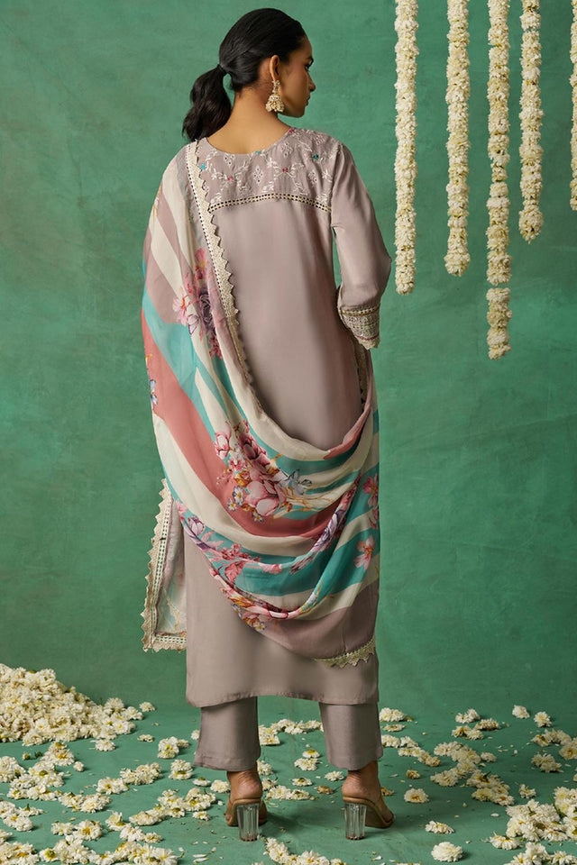 Beige Embroidered Organza Kurti Pant Set