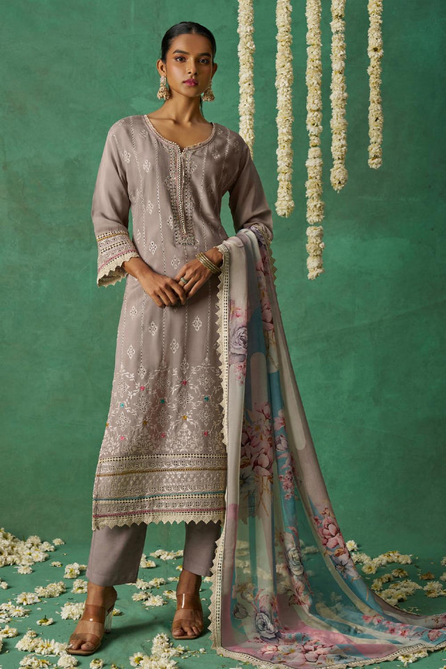 Beige Embroidered Organza Kurti Pant Set