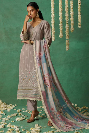 Beige Embroidered Organza Kurti Pant Set