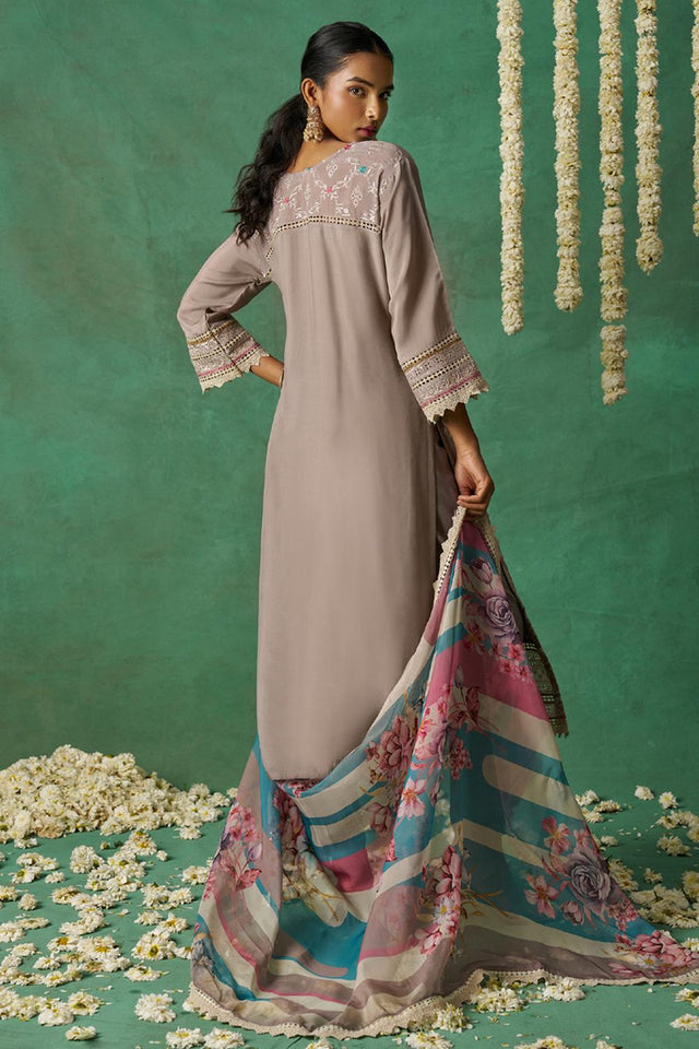 Beige Embroidered Organza Kurti Pant Set