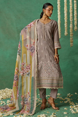 Beige Embroidered Organza Kurti Pant Set