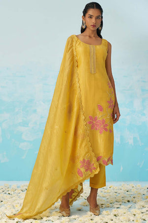 Yellow Embroidered Silk Straight Cut Suit Set (alizeh jasmine-8016)