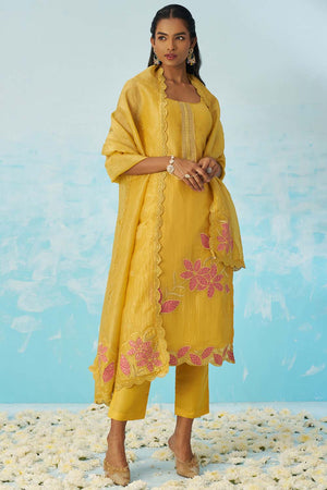 Yellow Embroidered Silk Straight Cut Suit Set (alizeh jasmine-8016)