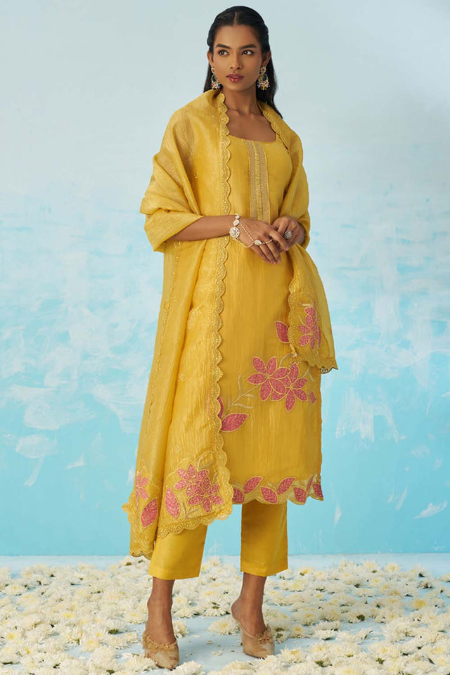 Yellow Embroidered Silk Straight Cut Suit Set (alizeh jasmine-8016)