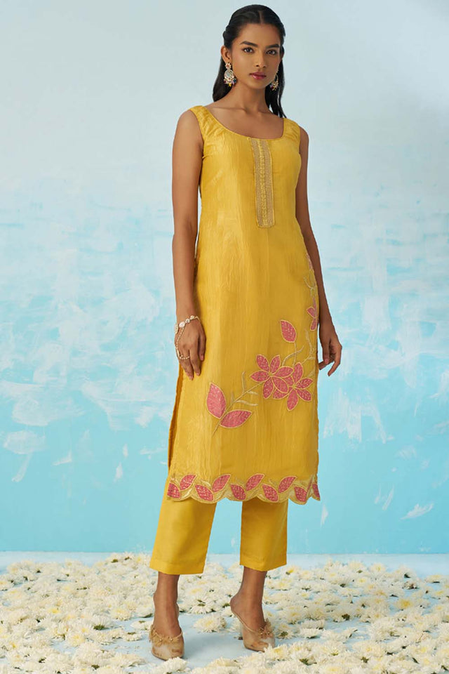 Yellow Embroidered Silk Straight Cut Suit Set (alizeh jasmine-8016)