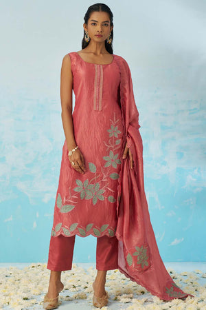 Red Embroidered Silk Straight Cut Suit Set (alizeh jasmine-8017)