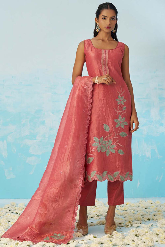 Red Embroidered Silk Straight Cut Suit Set (alizeh jasmine-8017)