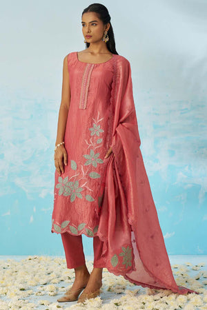Red Embroidered Silk Straight Cut Suit Set (alizeh jasmine-8017)