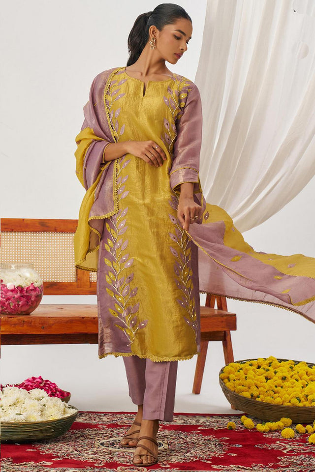 Yellow Embroidered Organza Kurti Pant Set (alizeh phool-8026)