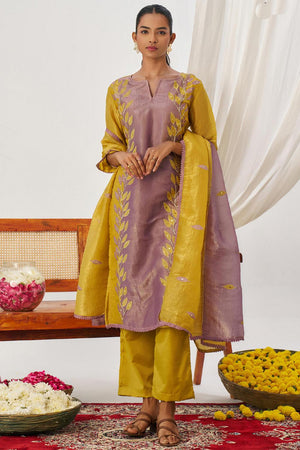Yellow Embroidered Organza Kurti Pant Set (alizeh phool-8027)