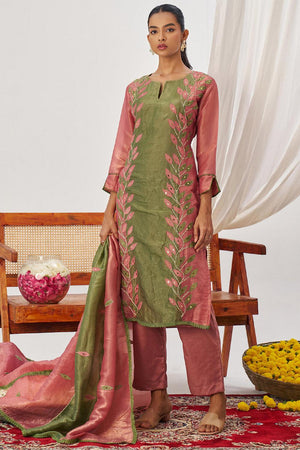 Peach Embroidered Organza Kurti Pant Set (alizeh phool-8028)
